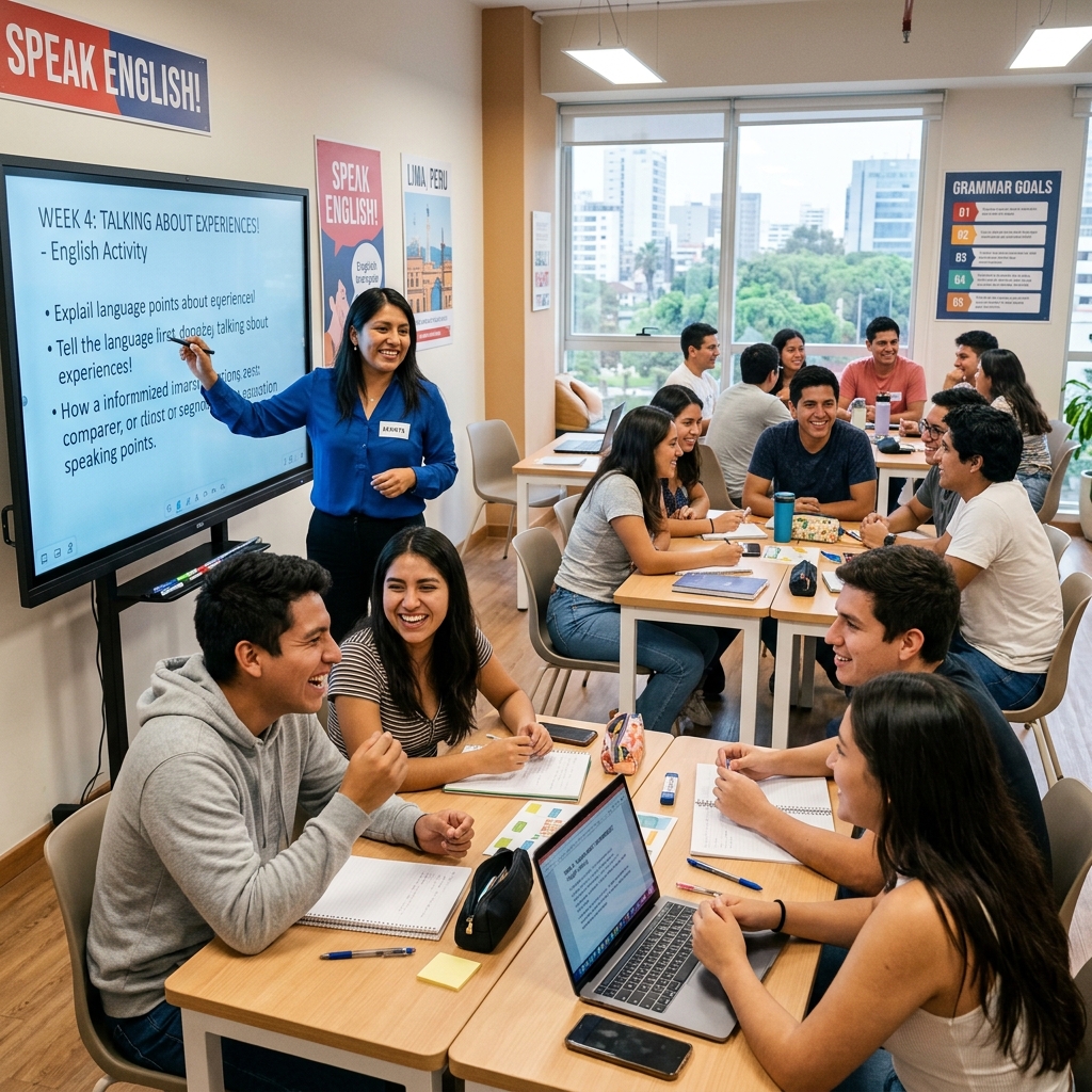 Clase grupal presencial con profesor y alumnos en Lima