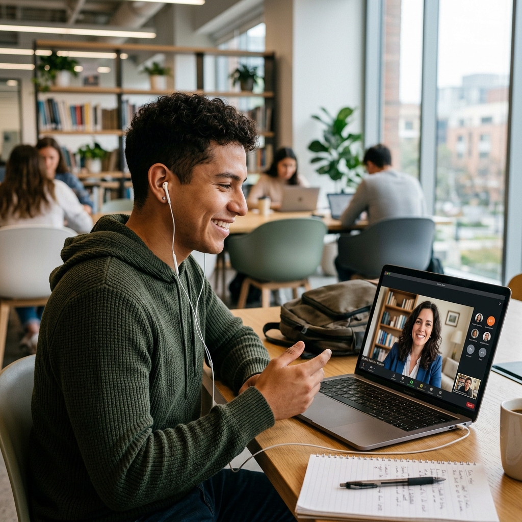 Estudiante de Top English Center participando en una clase de inglés virtual en vivo con su profesora